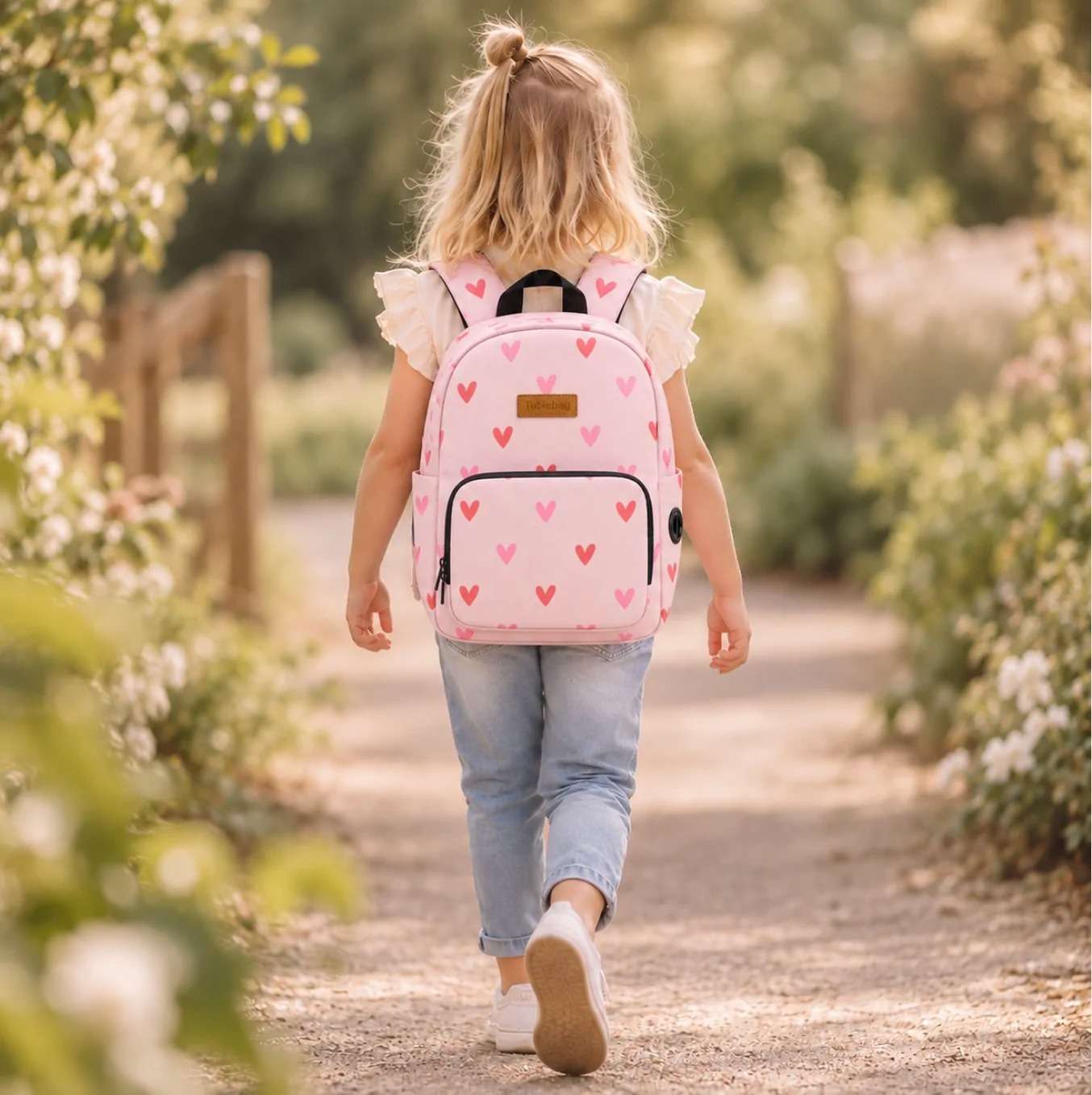 Meisje met een roze TubieBag rugtas met hartjes