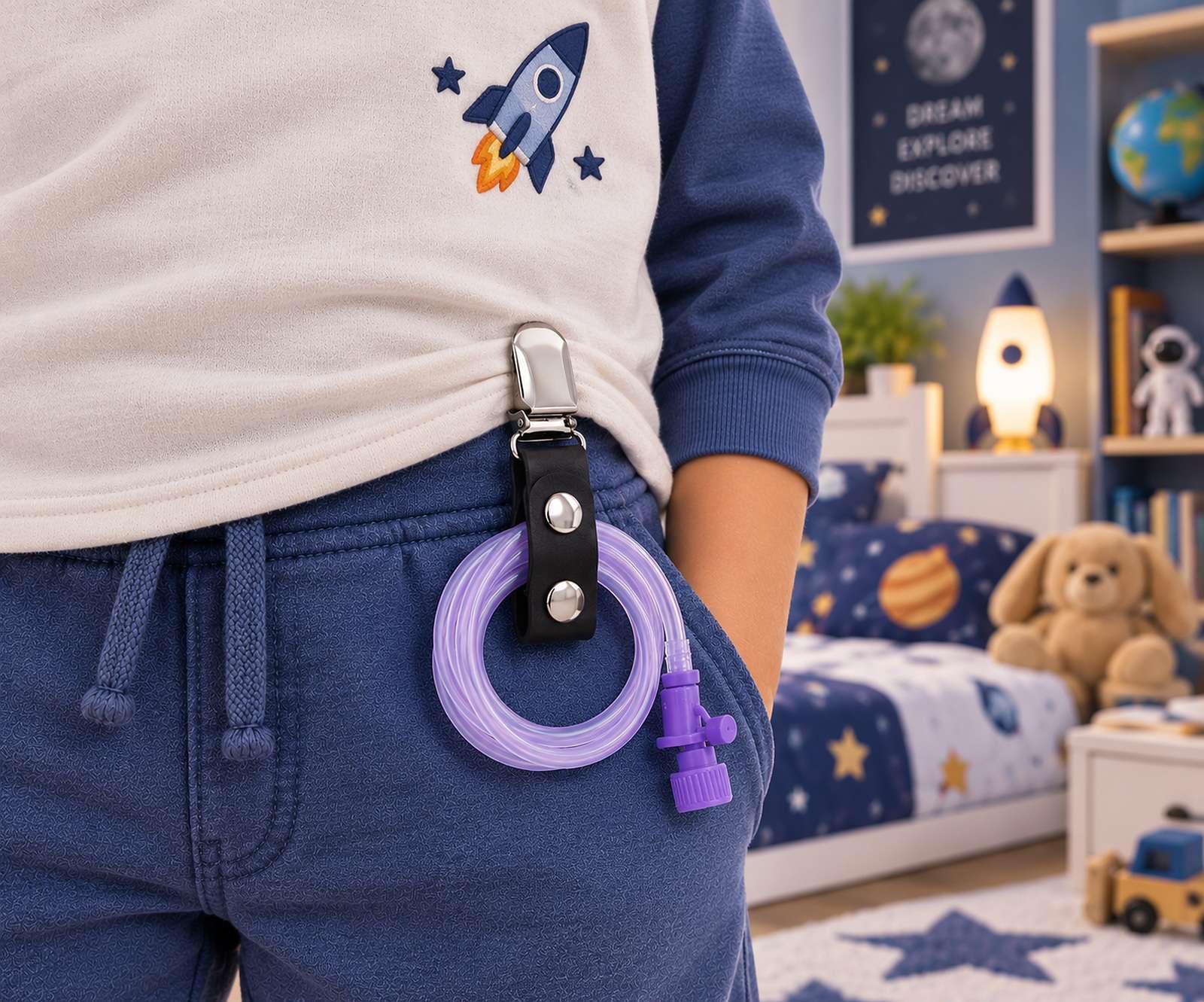 Roll up clip met opgerolde sondeslang aan de broek van een jongen