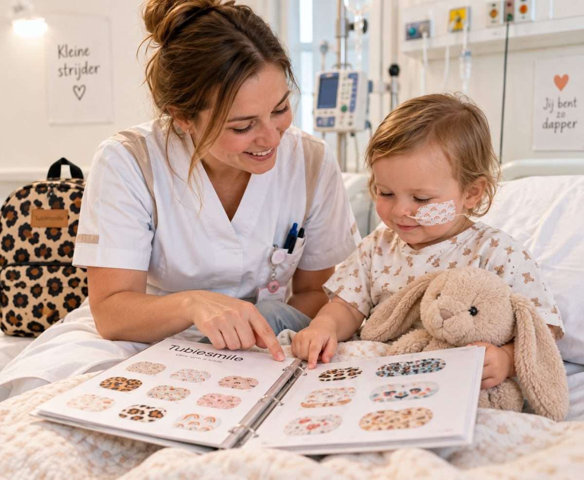 Verpleegkundige toont stalenboek met sondepleisters aan een kind