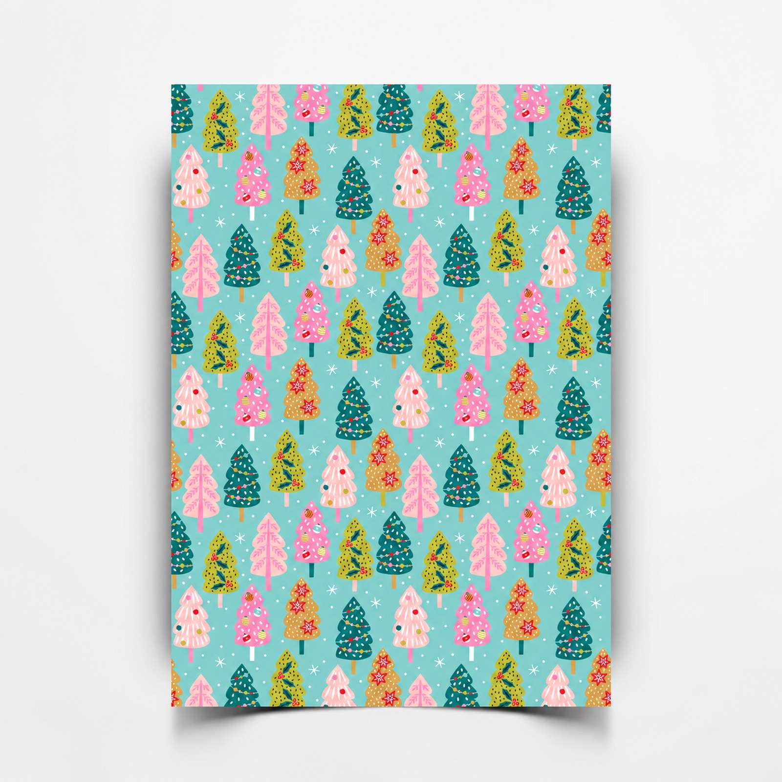 Sondepleister Merry Trees Sondepleister met kerstbomen in roze, petrol en okergeel op een mintgroene ondergrond
