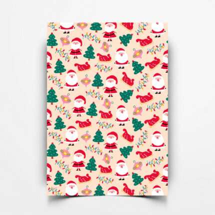 Sondepleister met kerstmannen, rode sleetjes en slingers met lampjes op een perzikkleurige ondergrond