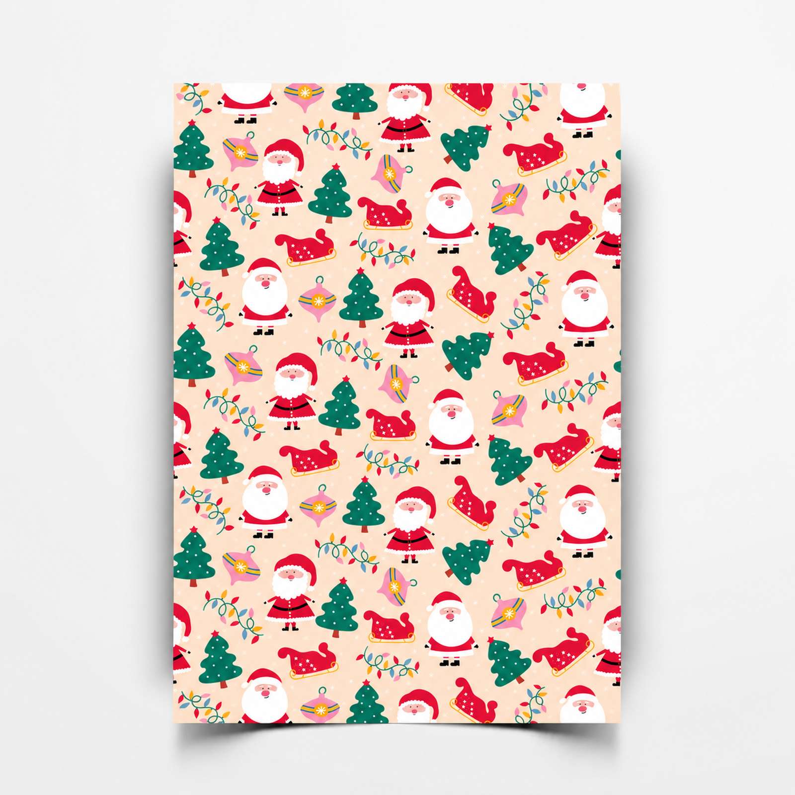 Sondepleister Happy Santa Sondepleister met kerstmannen, rode sleetjes en slingers met lampjes op een perzikkleurige ondergrond