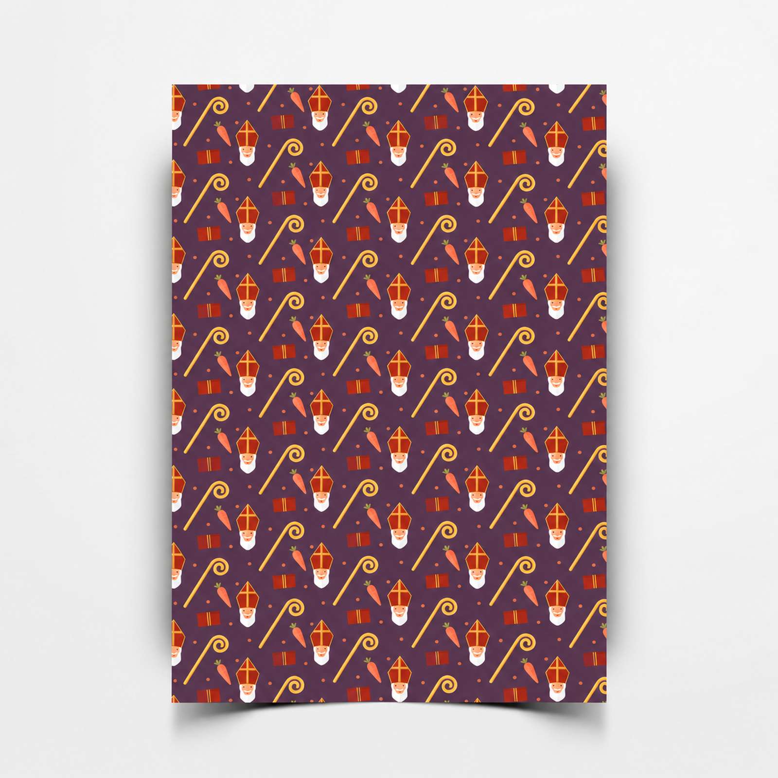 Sondepleister Sinterklaas Plum Sondepleister met sinterklazen, gouden staffen en pakjes op een pruimpaarse ondergrond